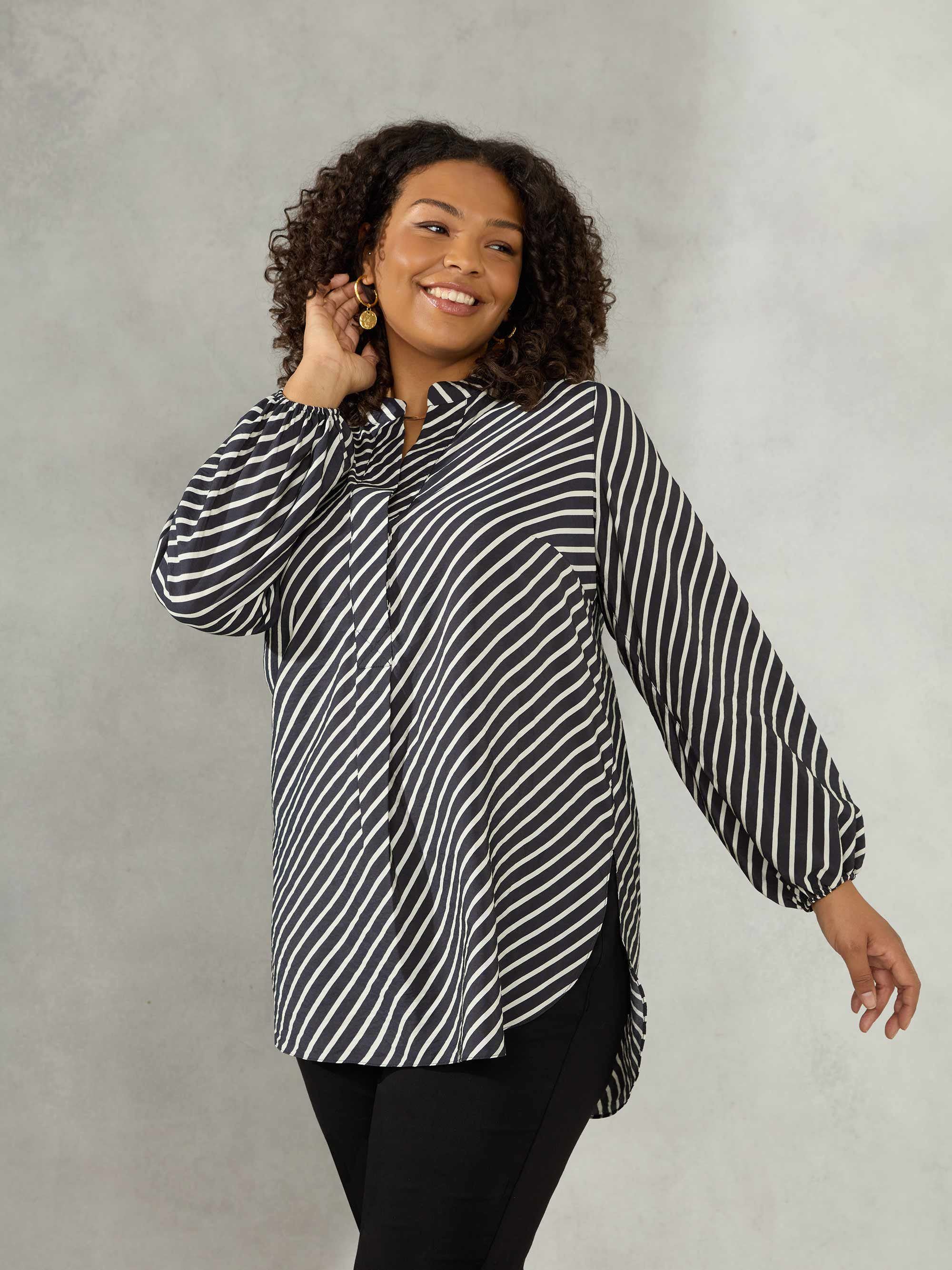 Black Stripe Curved Hem Shirt