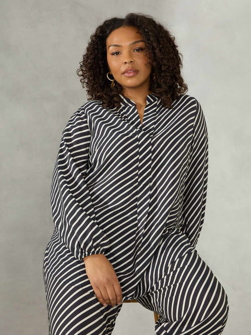 Black Stripe Curved Hem Shirt