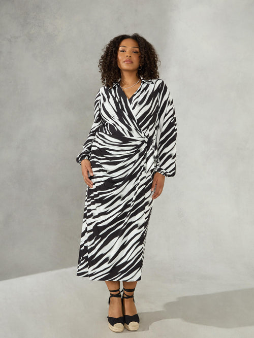 Mono Blurred Line Print Tie Side Jersey Shirt Dress