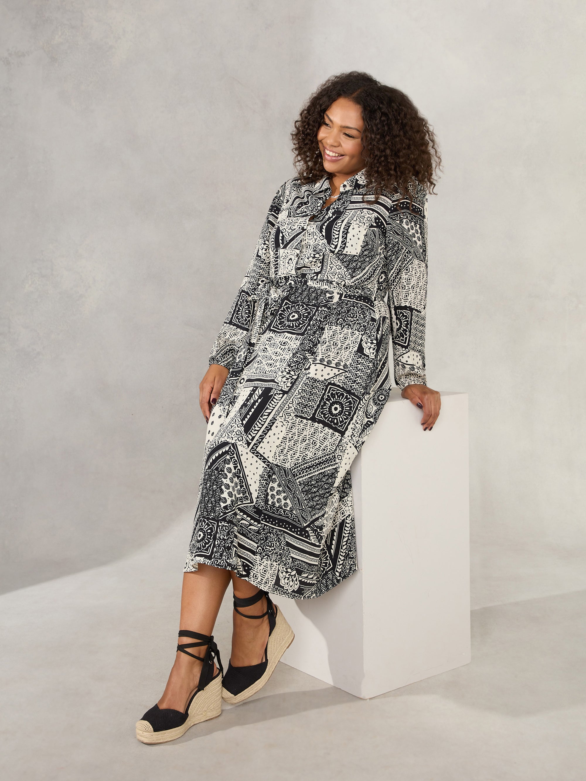 Mono Patchwork Paisley Print Midi Shirt Dress