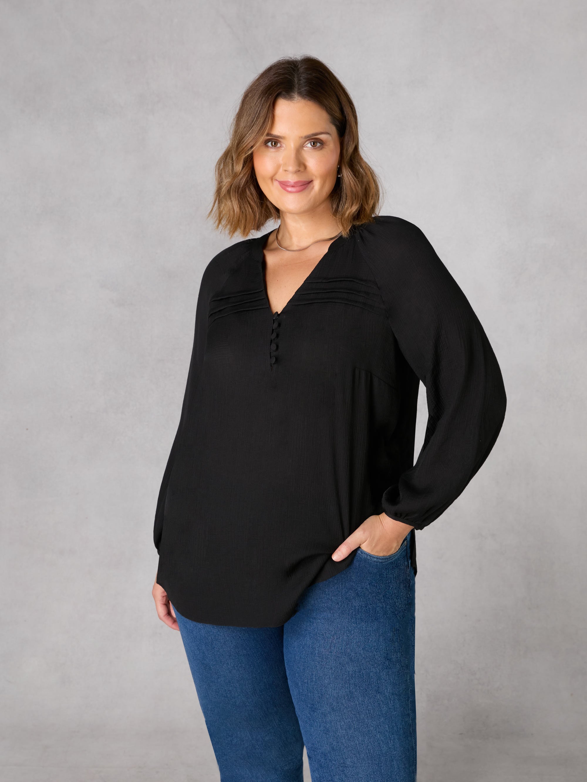 Black Pleated Yoke Boho Blouse