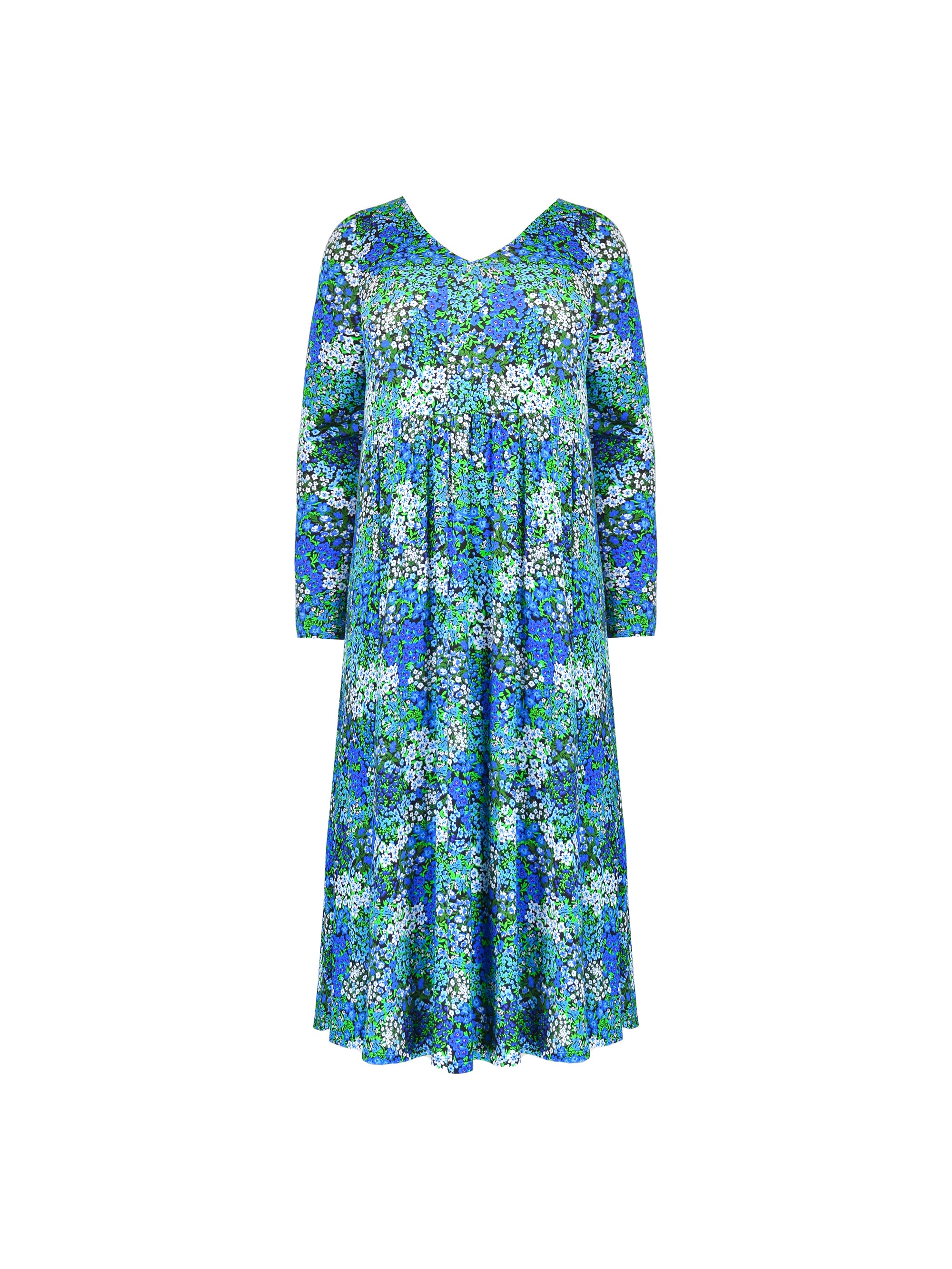 Blue Ditsy Print Jersey V-Neck Swing Midi Dress