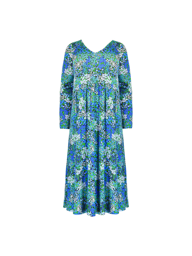 Blue Ditsy Print Jersey V-Neck Swing Midi Dress
