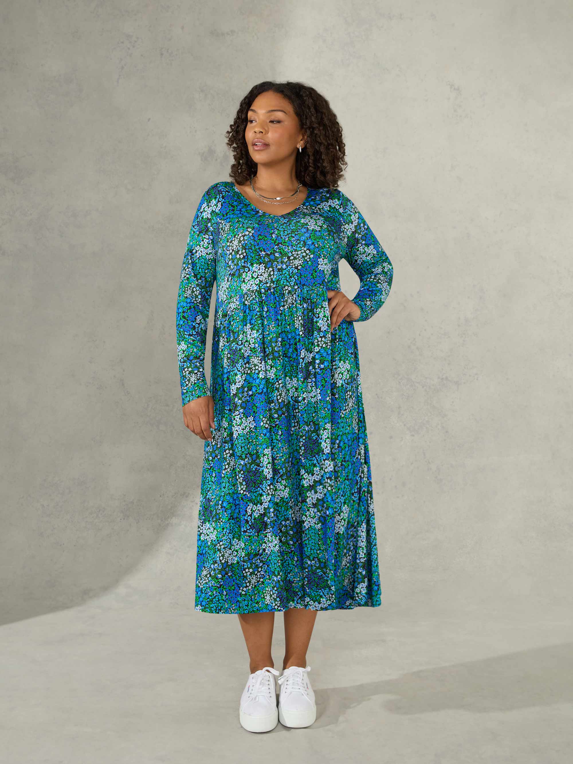 Blue Ditsy Print Jersey V-Neck Swing Midi Dress