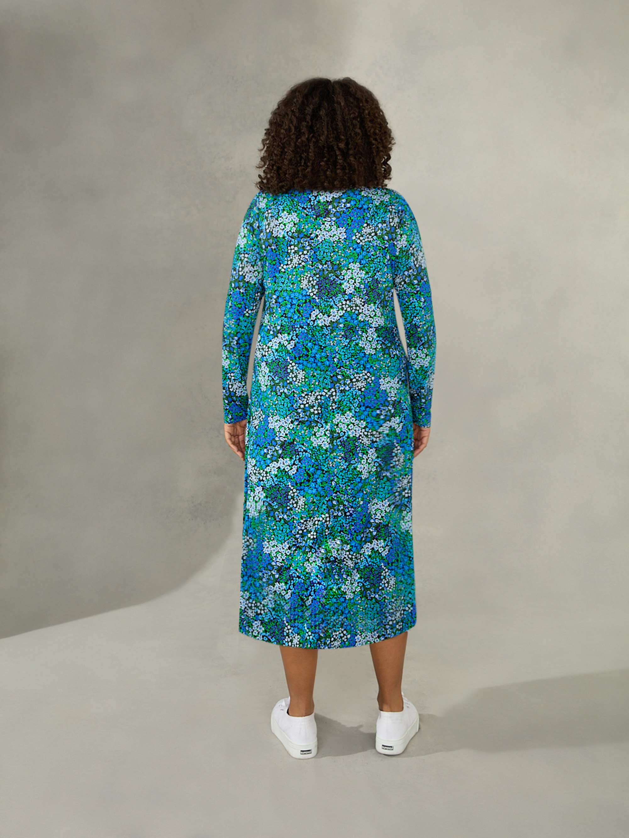 Blue Ditsy Print Jersey V-Neck Swing Midi Dress