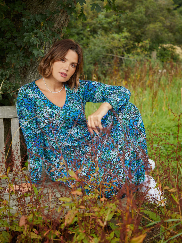 Blue Ditsy Print Jersey V-Neck Swing Midi Dress