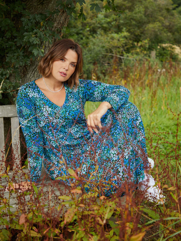 Blue Ditsy Print Jersey V-Neck Swing Midi Dress
