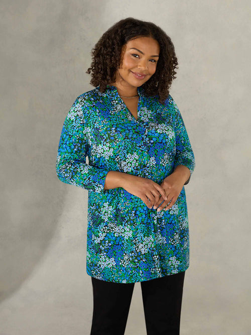 Blue Ditsy Print Pleat Front Jersey Tunic