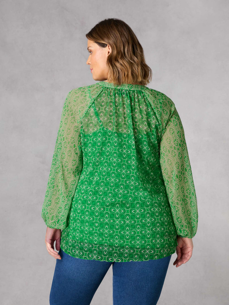 Green Geo Print Button Front Blouse