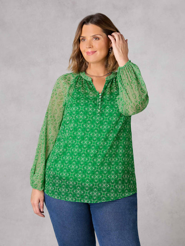 Green Geo Print Button Front Blouse