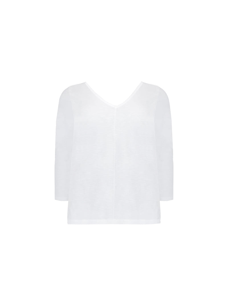 White Cotton Slub V-Neck Long Sleeve T-Shirt