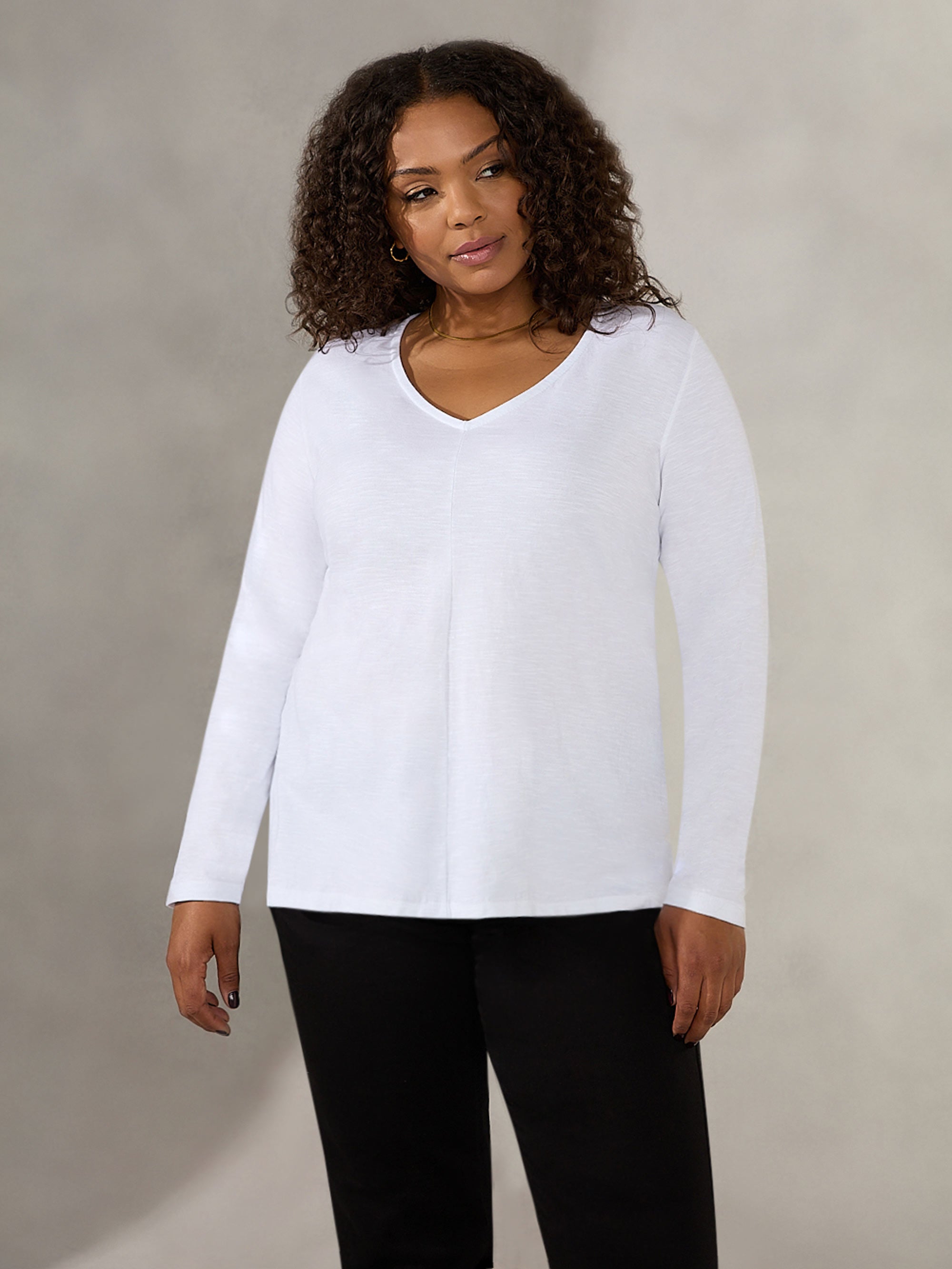 White Cotton Slub V-Neck Long Sleeve T-Shirt