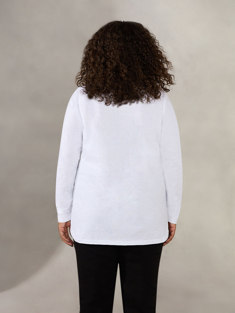 White Cotton Slub V-Neck Long Sleeve T-Shirt