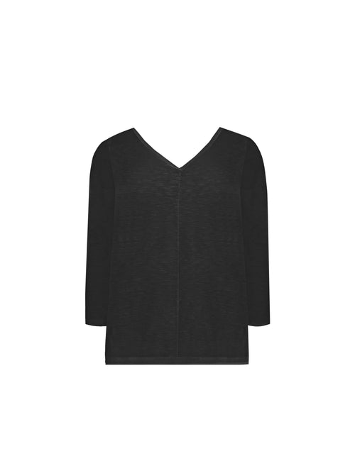 Black Cotton Slub V-Neck Long Sleeve T-Shirt