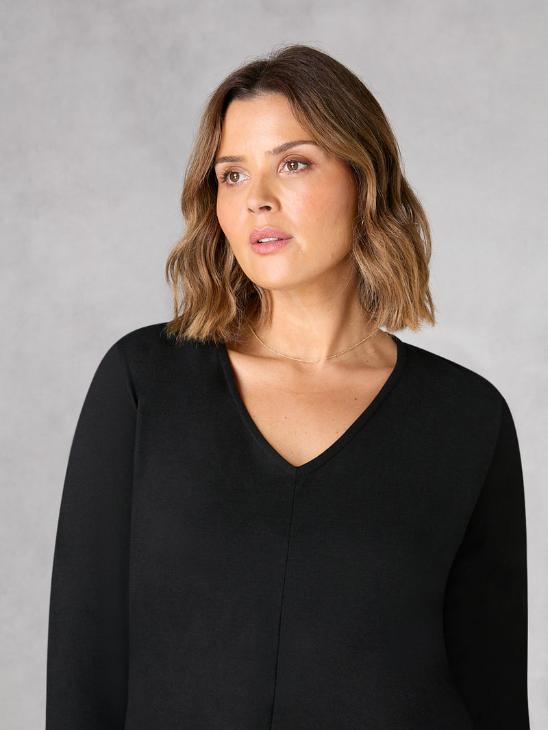 Black Cotton Slub V-Neck Long Sleeve T-Shirt