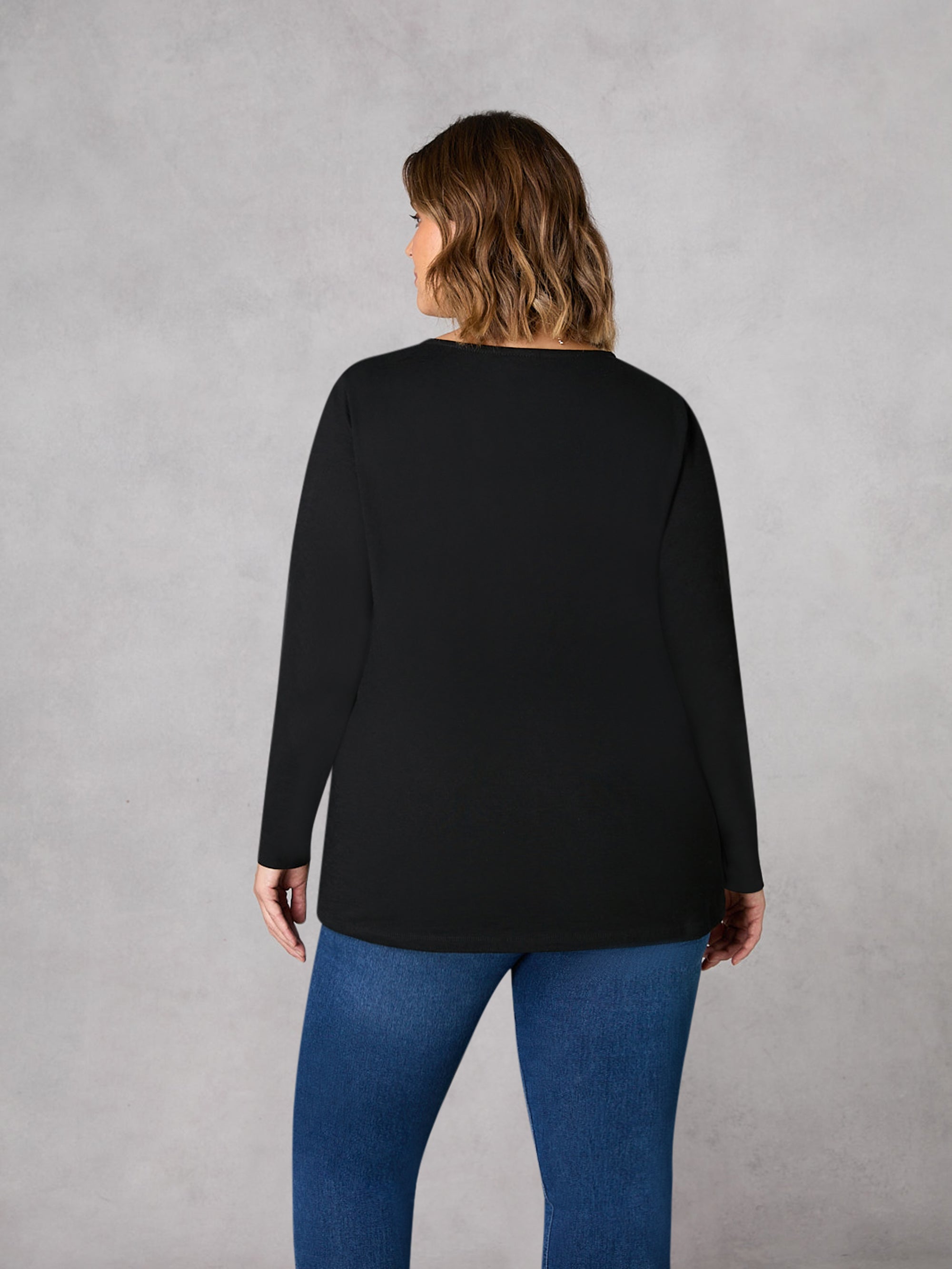 Black Cotton Slub V-Neck Long Sleeve T-Shirt