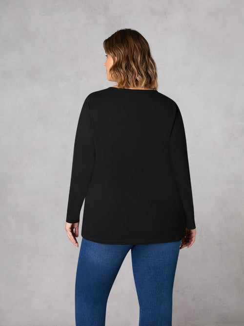 Black Cotton Slub V-Neck Long Sleeve T-Shirt