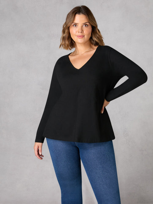 Black Cotton Slub V-Neck Long Sleeve T-Shirt