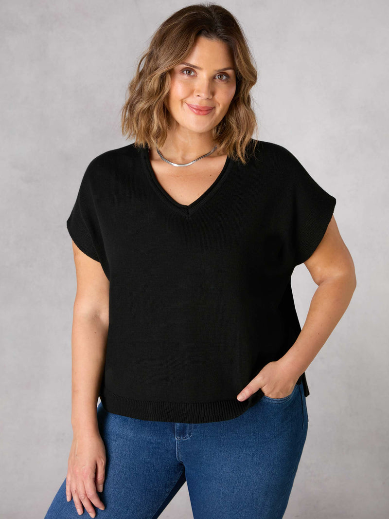Black V-Neck Cotton Knit Vest