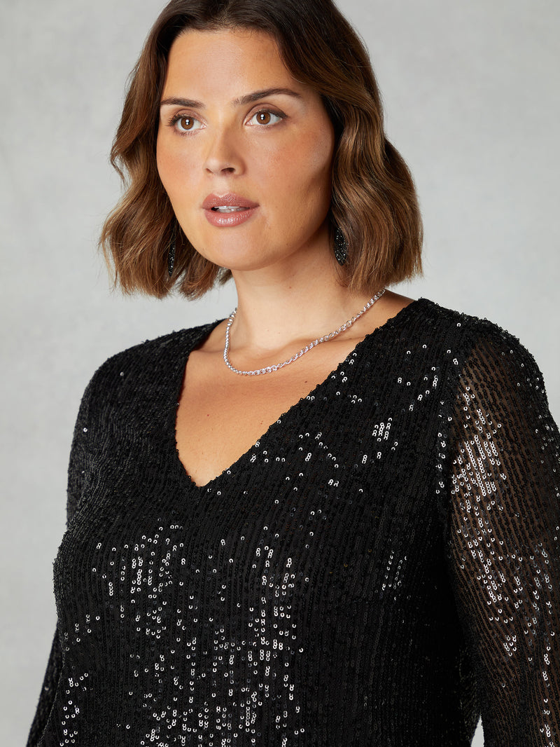 Black Sequin V-Neck Blouse