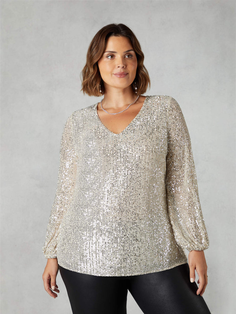 Champagne Sequin V-Neck Blouse