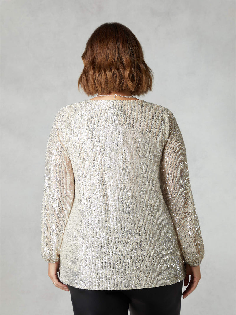Champagne Sequin V-Neck Blouse