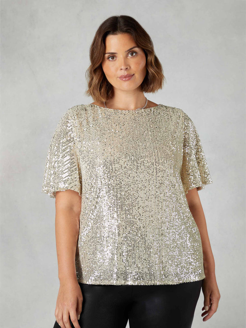 Champagne Sequin Flutter Sleeve T-Shirt