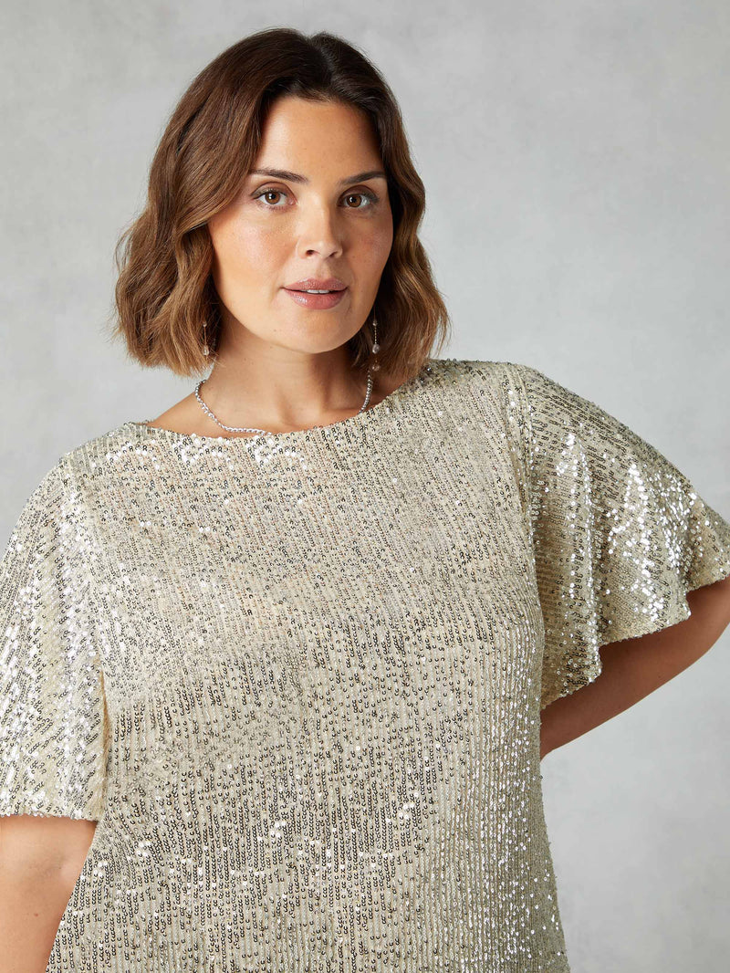 Champagne Sequin Flutter Sleeve T-Shirt