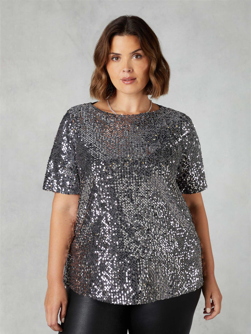 Silver Sequin Short Sleeve T-Shirt