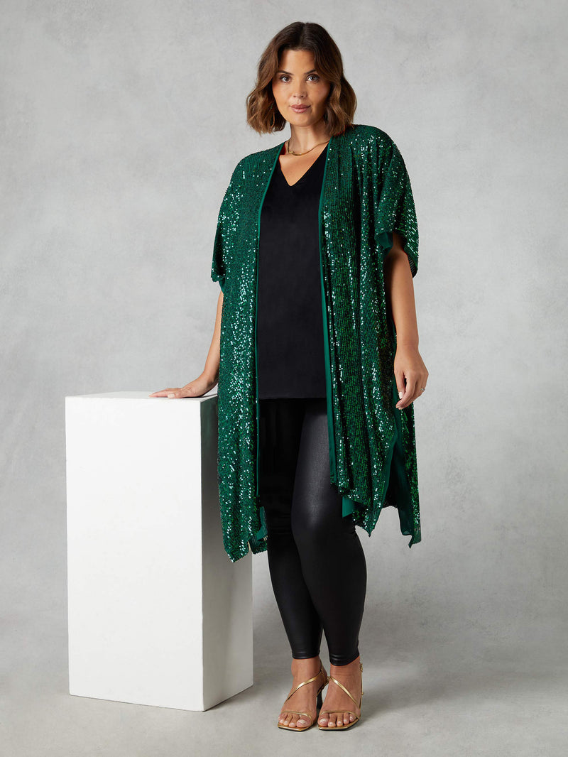 Green Sequin Short Sleeve Kimono