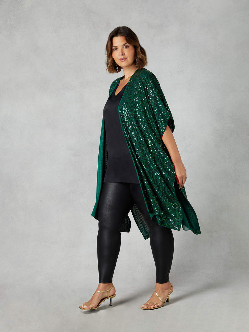Green Sequin Short Sleeve Kimono