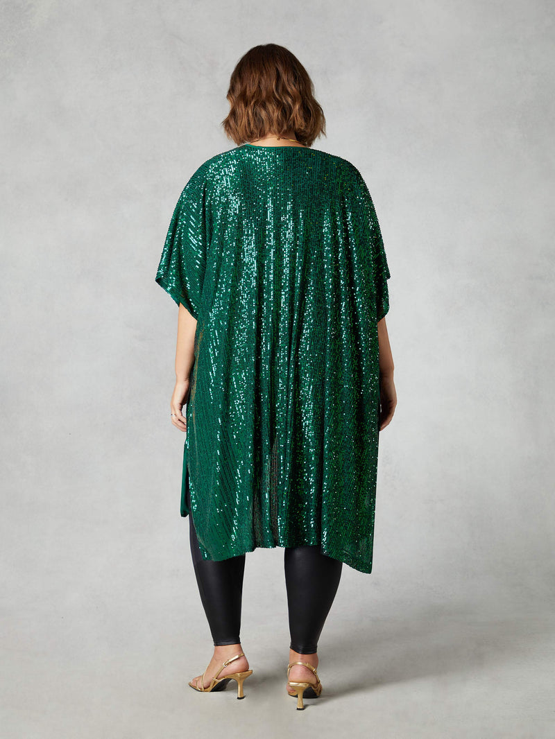 Green Sequin Short Sleeve Kimono