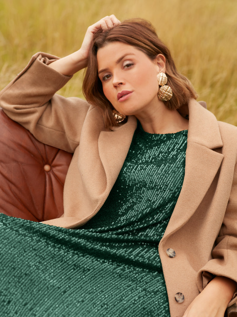 Green Sequin Flutter Sleeve Dress