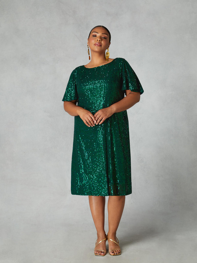 Green Sequin Flutter Sleeve Dress