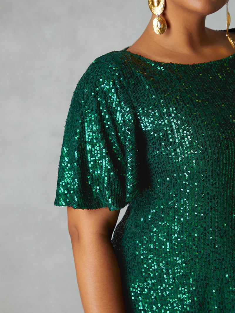 Green Sequin Flutter Sleeve Dress