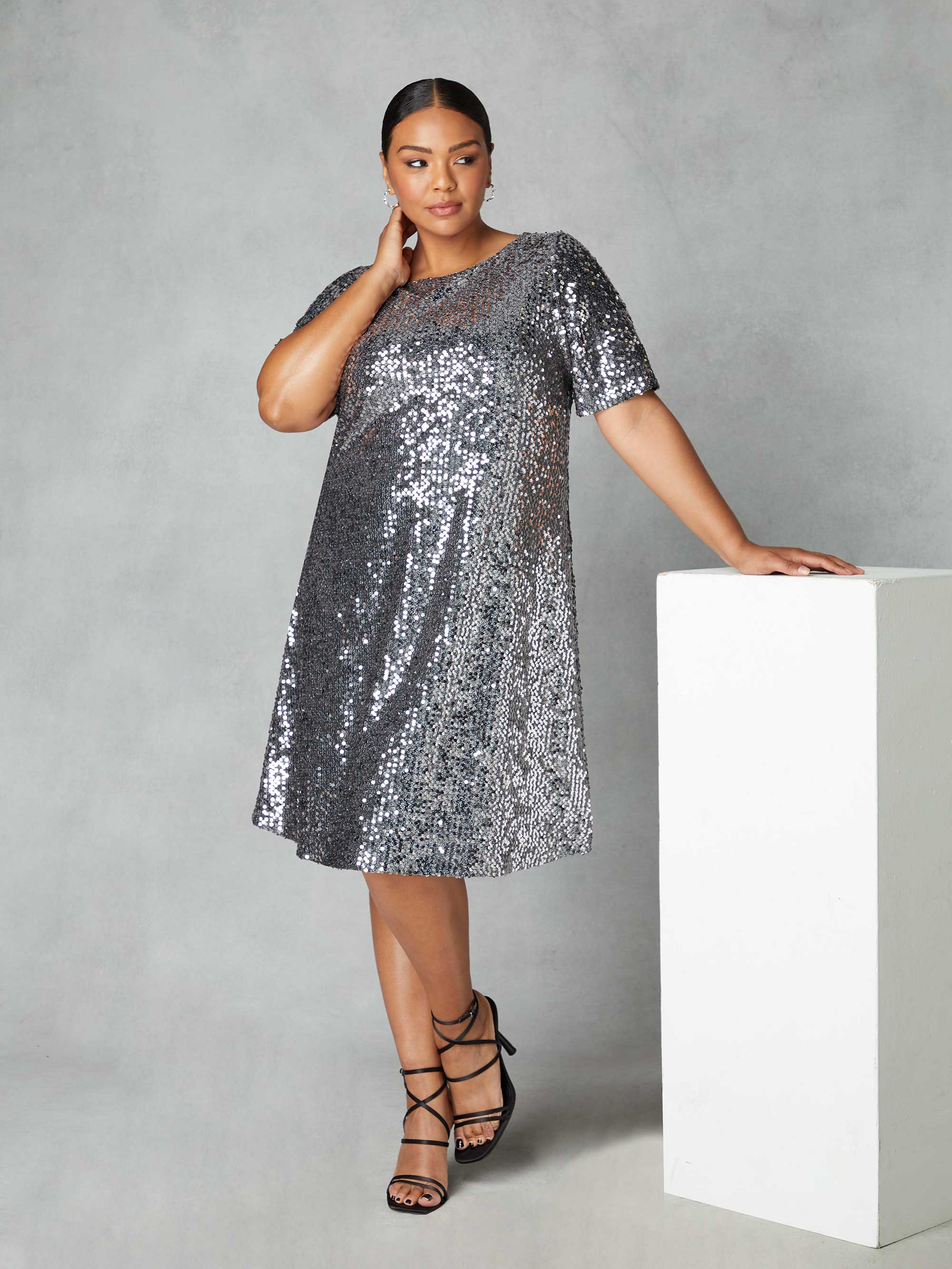 Silver Sequin Short Sleeve Dress