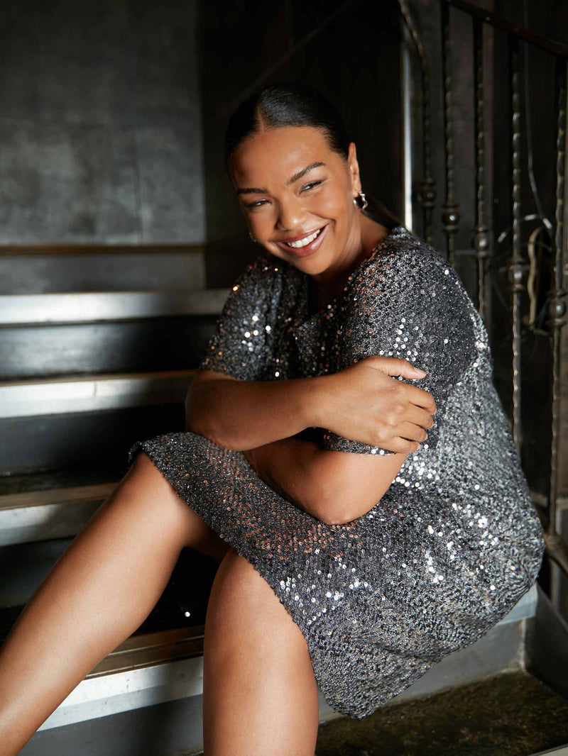 Silver Sequin Short Sleeve Dress