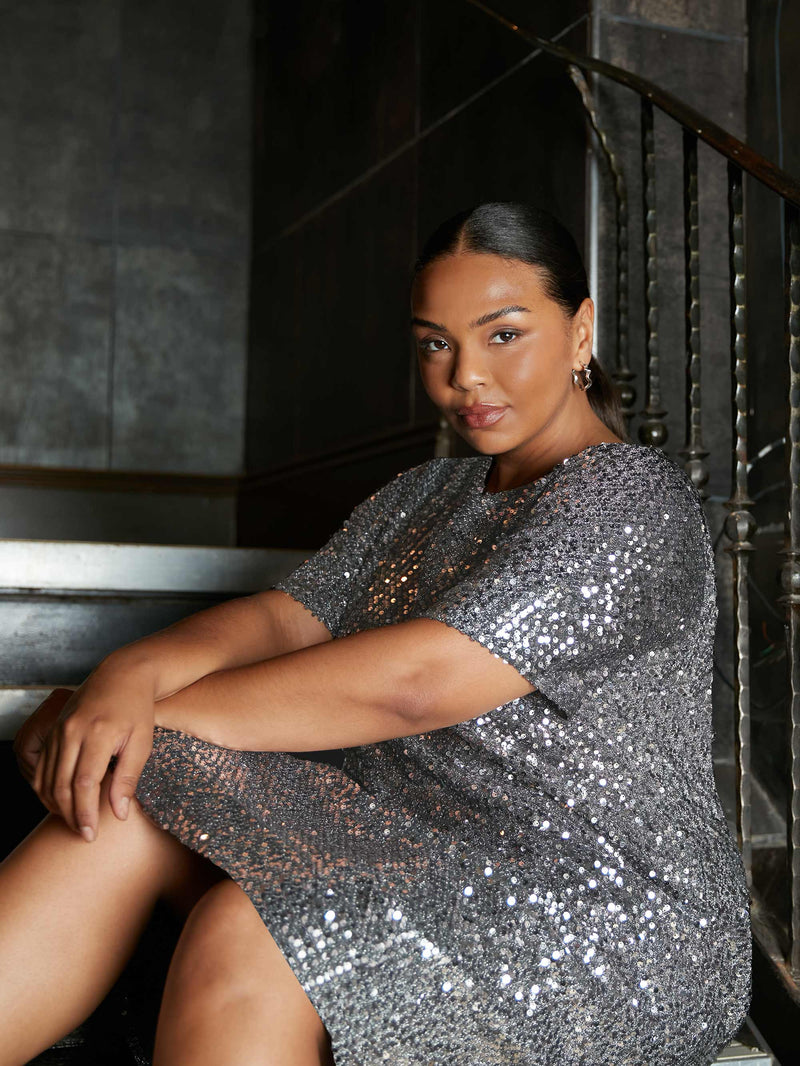 Silver Sequin Short Sleeve Dress