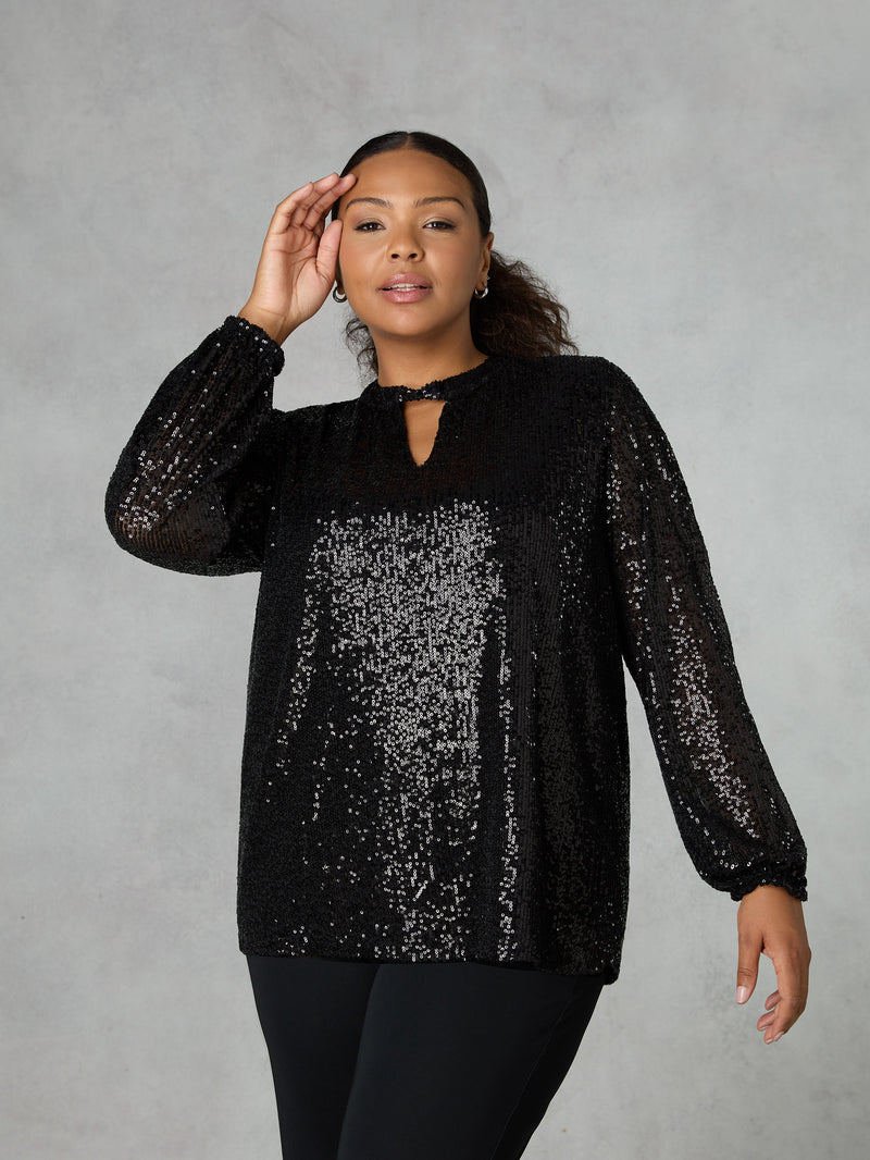 Black Sequin Keyhole Front Blouse