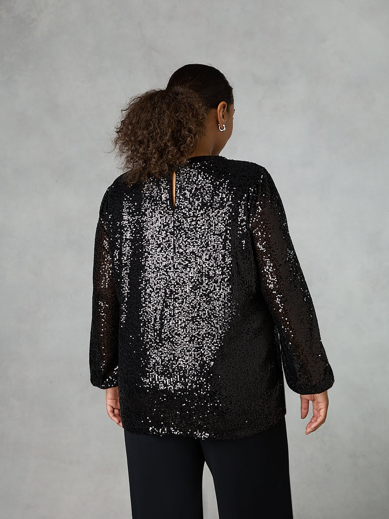 Black Sequin Keyhole Front Blouse