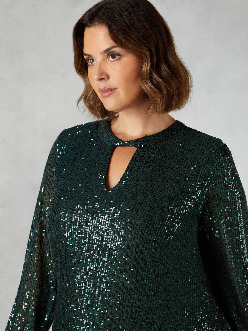 Green Sequin Keyhole Front Blouse