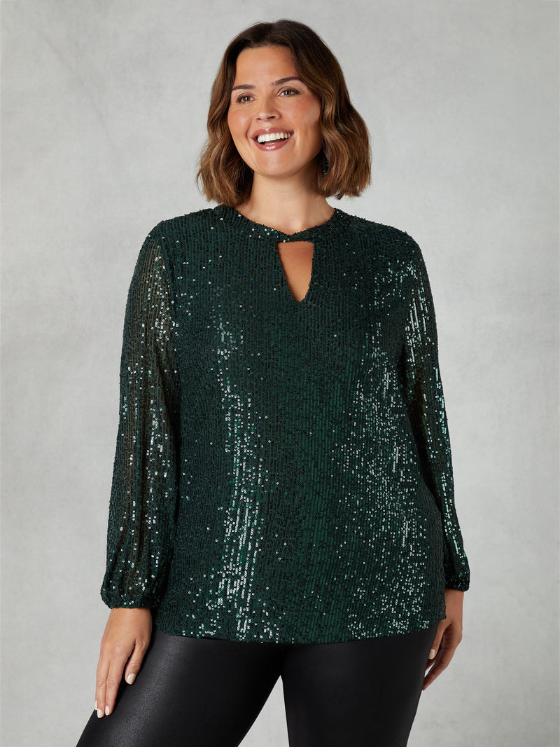 Green Sequin Keyhole Front Blouse