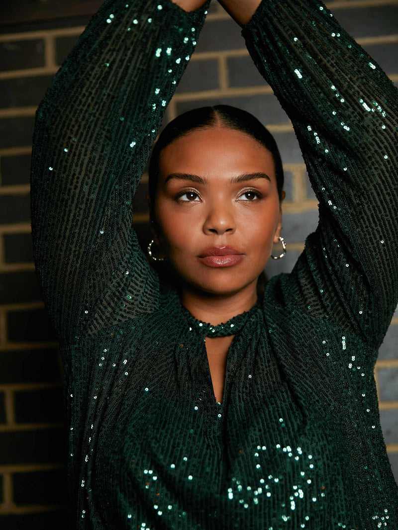Green Sequin Keyhole Front Blouse