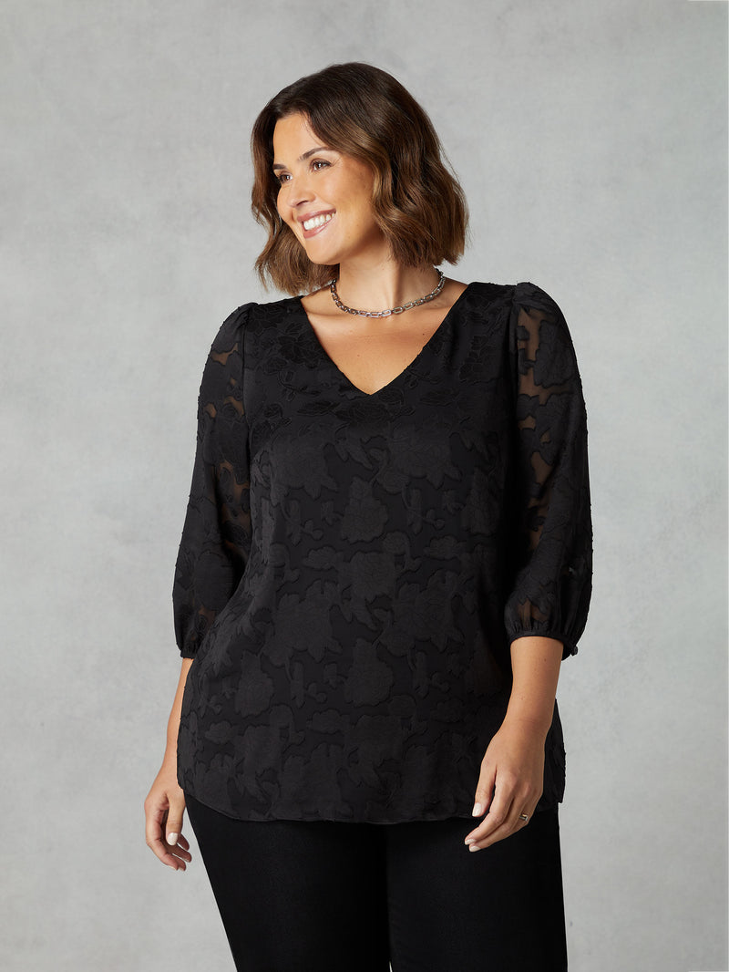 Black Floral Burnout V-Neck Blouse