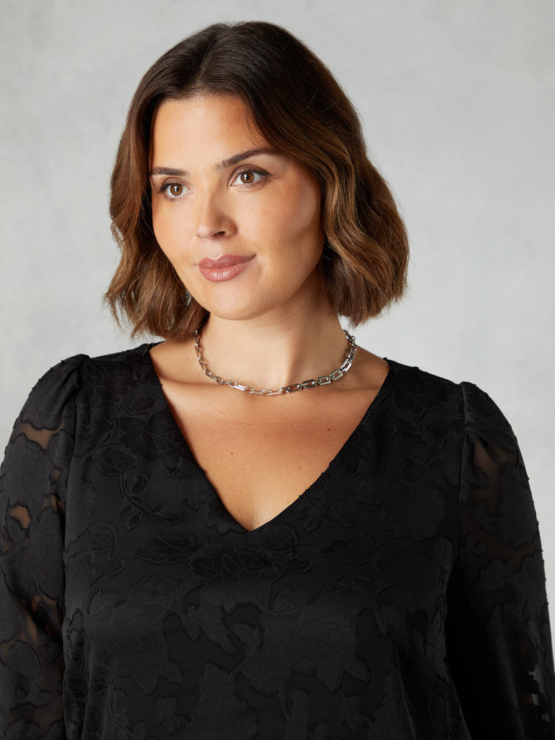 Black Floral Burnout V-Neck Blouse