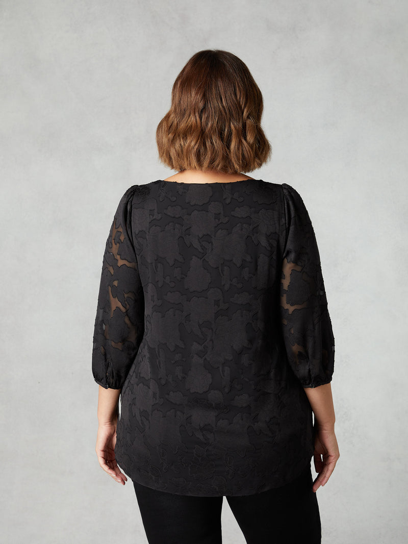 Black Floral Burnout V-Neck Blouse