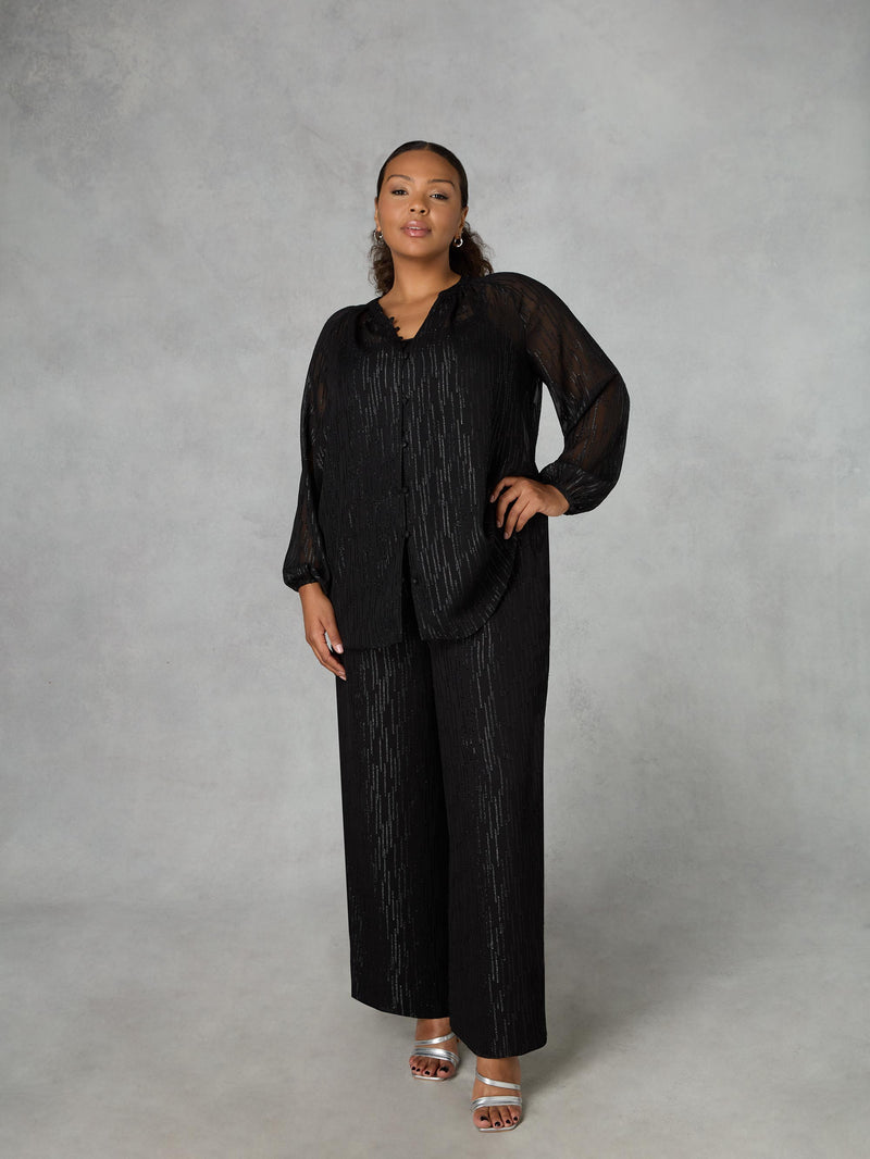 Black Shimmer Chiffon Button Through Blouse