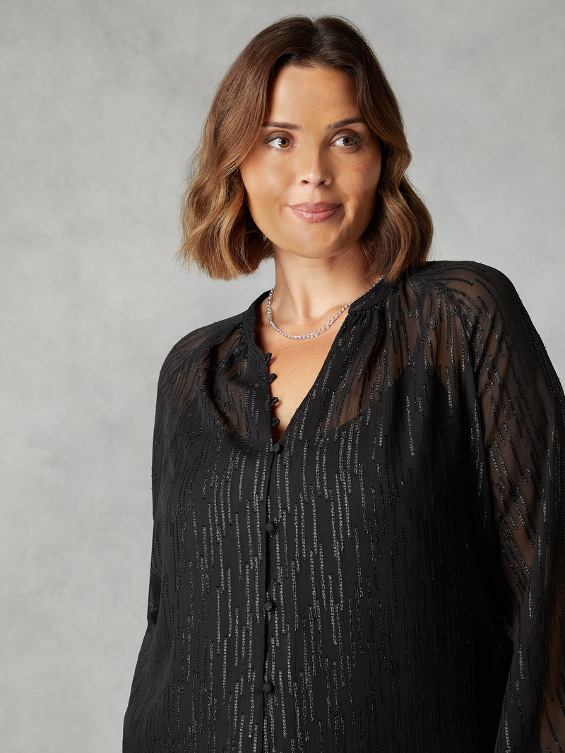 Black Shimmer Chiffon Button Through Blouse