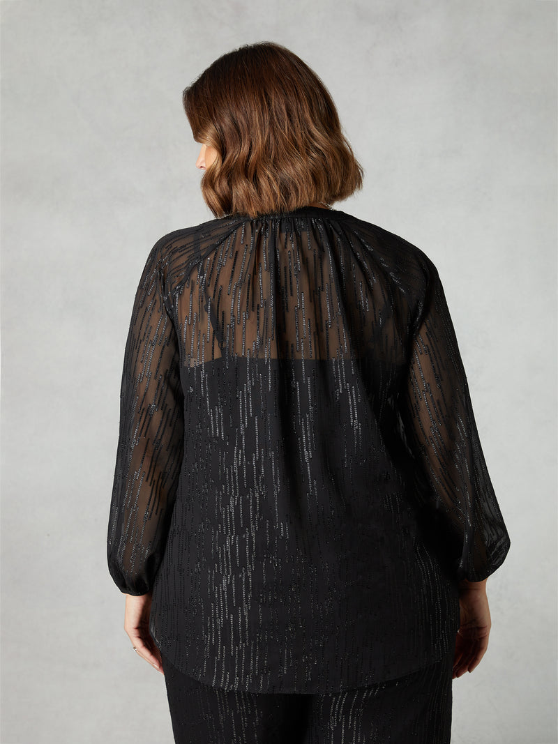 Black Shimmer Chiffon Button Through Blouse