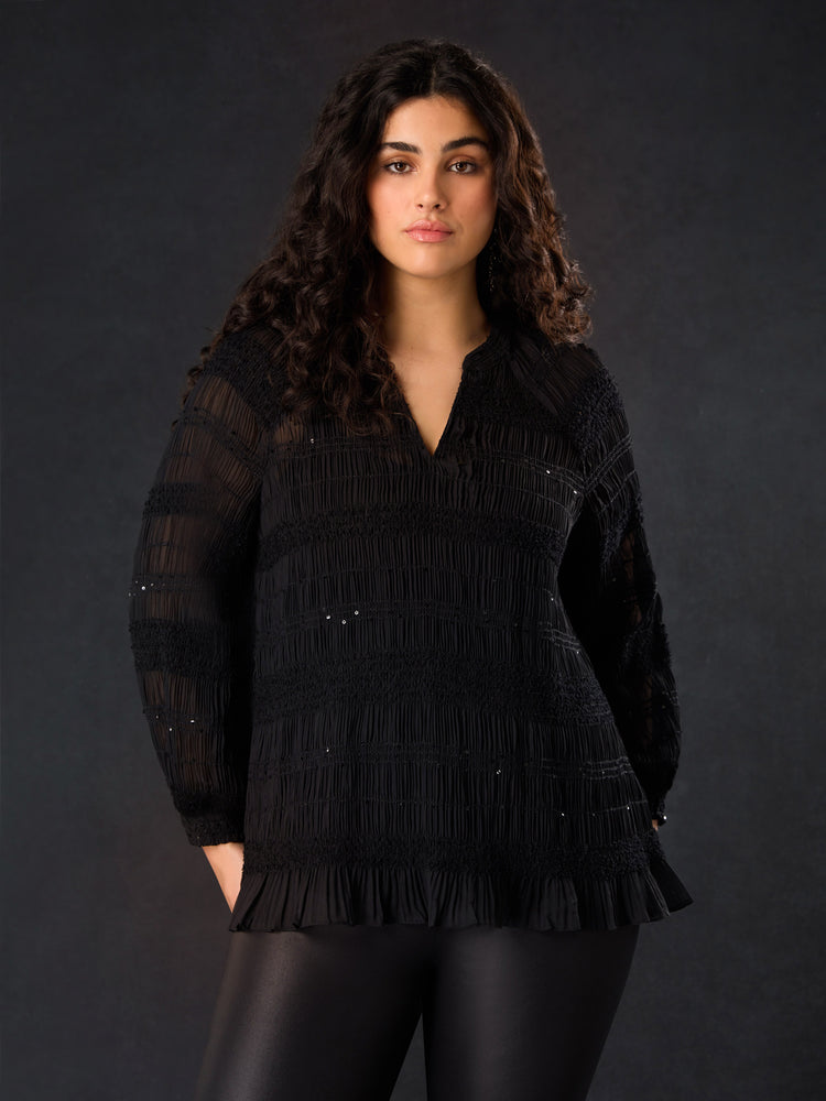 Black Sequin Shirred Detail Blouse